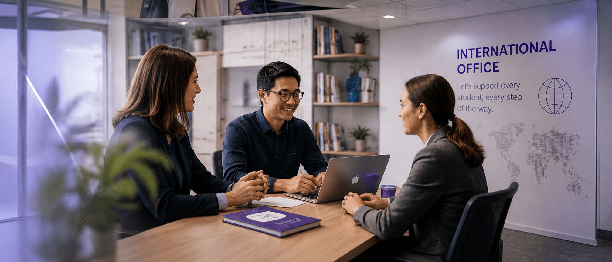International office team discussing student connectivity programs